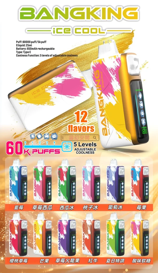 Bang King 60000 拋棄式電子煙｜LED 螢幕顯示 × 五檔冰度調節｜超長續航大容量・多款口味
